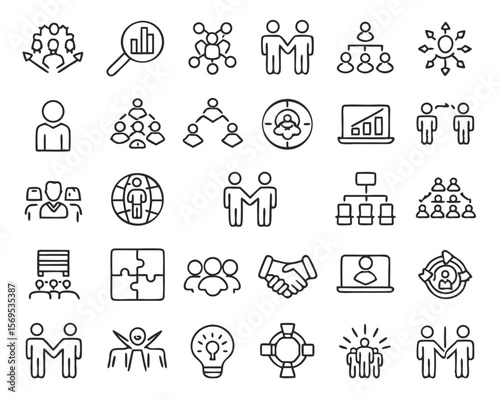 Comprehensive collection of professional business and teamwork line graphics perfect for user interface design and digital presentations featuring essential concepts