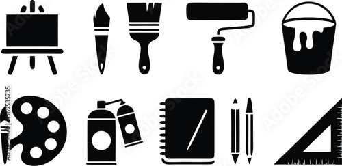 Black and White Illustration of Art Supplies Easel, Brushes, Palette, and More