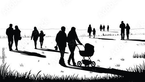 Black and White Illustration of Families Walking Outdoors, Couple With Stroller, and Shadows on the Ground