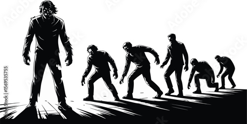 Black and White Illustration of Zombie Transformation Stages, Showing Decomposition and Physical Decline Progressively