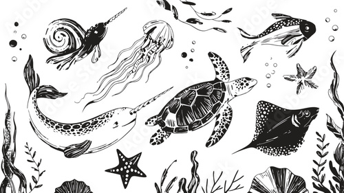 Black and White Sea Creatures Narwhal, Turtle, Jellyfish, Stingray, Starfish, Fish, Shells and Seaweed