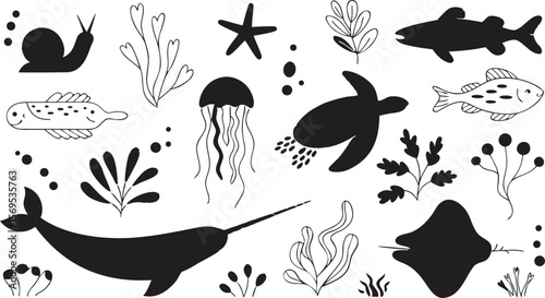 Black and White Underwater World Illustration with Snail, Fish, Turtle, Jellyfish, and Narwhal