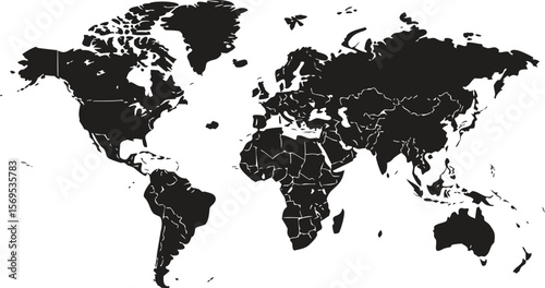 Black and White World Map Illustration Showing Continents and Country Borders on White Background