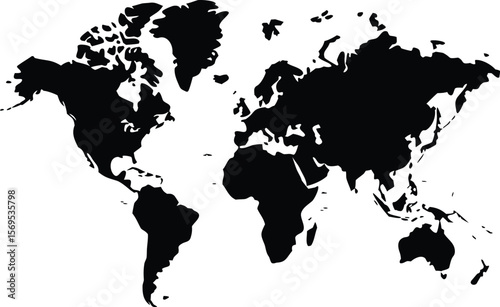 Black and White World Map Depicting Continents on White Background, Detailed Outline