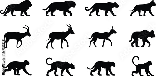 Black Silhouette Set Featuring Lions, Panthers, Antelopes, and Monkeys on a White Background