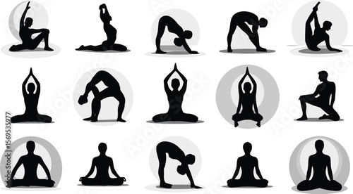 Black Silhouettes Depicting Yoga Poses in Various Asanas, Exercise and Wellness Concept Art