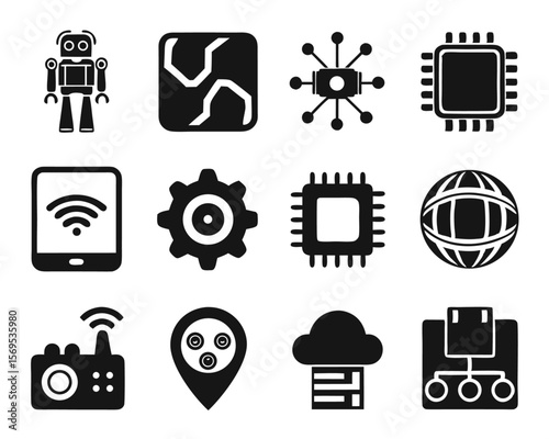 Comprehensive collection of modern technology symbols showcasing connectivity artificial intelligence automated systems and interconnected devices with a vibrant palette