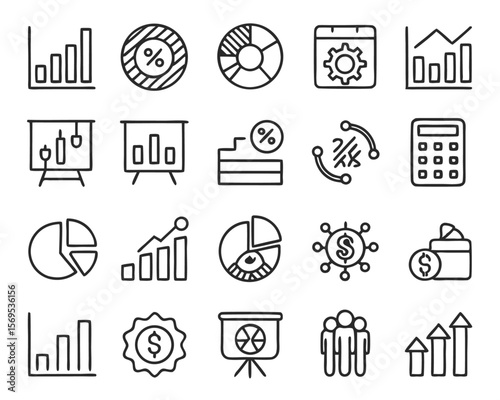 A comprehensive collection of fifty distinct business and financial concepts rendered in a clean modern line art style suitable for professional presentations and digital media