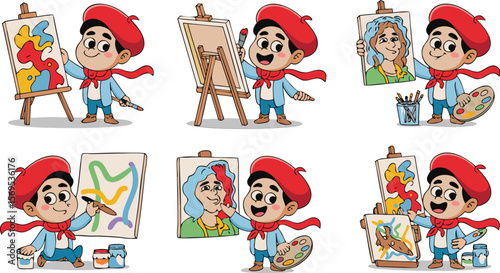 Cartoon Artist Boy with Red Beret Creating Various Paintings on Canvas Illustrations Set
