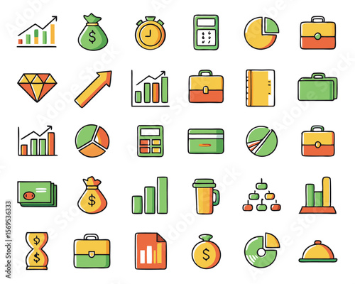 Collection of fifty distinct business and financial concepts rendered as clean line art graphics in a professional outline style