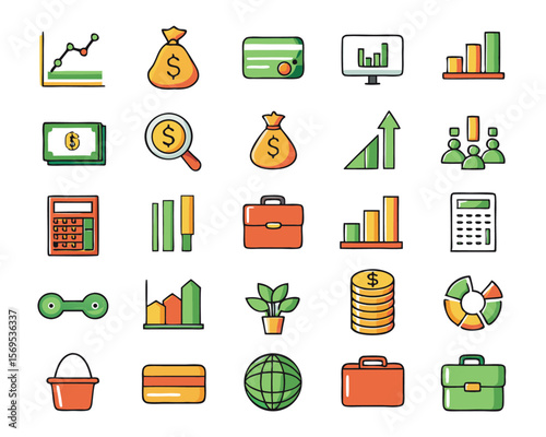 Collection of fifty distinct business and financial concepts rendered as clean line art graphics suitable for professional presentations and corporate branding materials