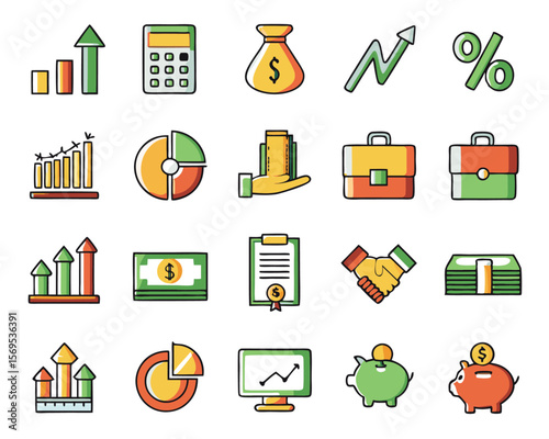 A comprehensive collection of fifty distinct business and financial concepts rendered in a clean modern line art style using a professional color palette
