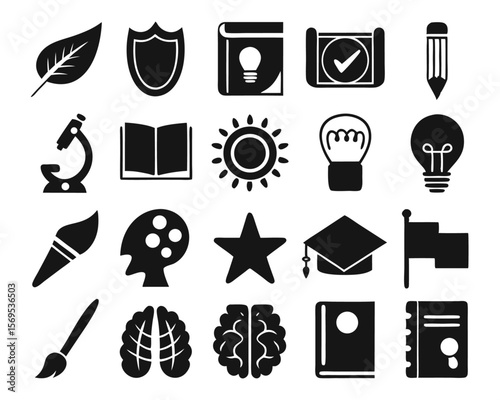 Comprehensive collection of educational symbols representing learning knowledge acquisition innovative thought processes and creative development presented in a versatile graphic format
