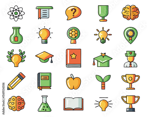 Comprehensive collection of educational and creative symbols representing academic achievement learning innovative concepts and thoughtful ideation for diverse design applications