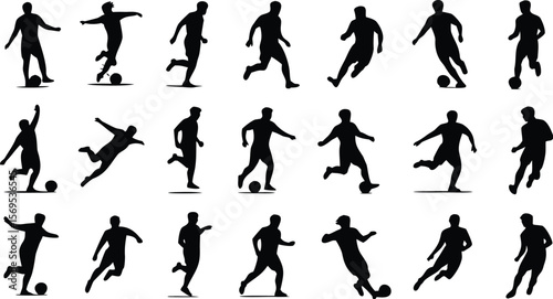 Collection of Black Soccer Player Silhouettes in Action Poses Running, Dribbling, and Kicking
