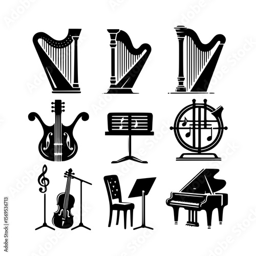 Collection of black and white musical instrument icons and symbols