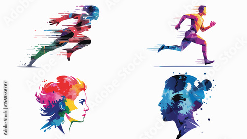 Colorful Abstract Runners and Portraits with Motion Lines on a White Background Art