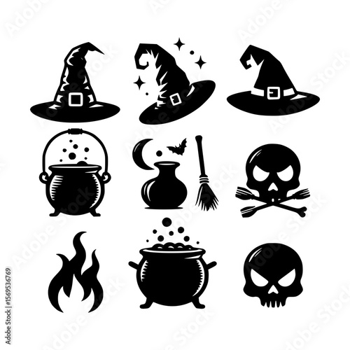 Collection of halloween icons featuring witch hats cauldrons skulls and broomsticks