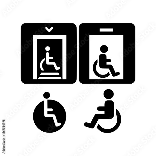 Set of accessibility symbols including wheelchair users and elevators for disabled people