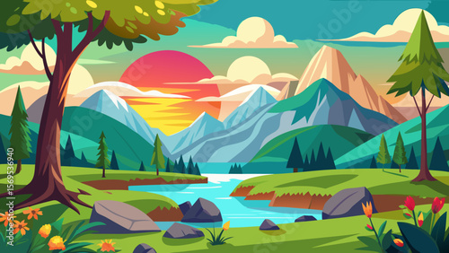 Vibrant cartoon landscape with mountains river trees and sunset sky