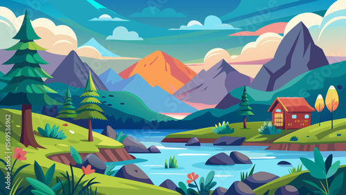 Idyllic mountain landscape with a cozy cabin by a serene blue lake