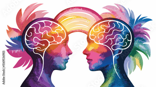 Colorful Minds Illustrated Heads Face Each Other with Brains, Rainbow and Abstract Feathers
