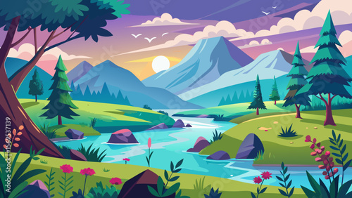 Vibrant cartoon landscape with a flowing river and majestic mountains at sunset