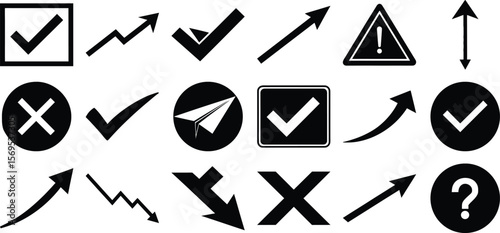 Flat icons set with check marks arrows paper plane x cross warning and question signs in bold ui design on white