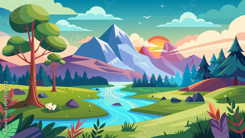 Vibrant cartoon landscape with a winding river flowing through green hills towards majestic mountains at sunset