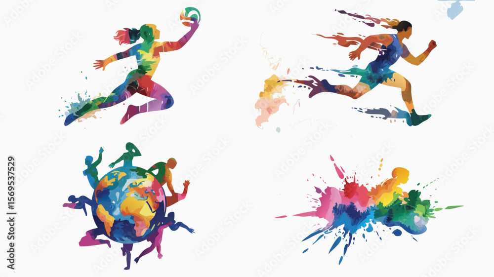 Colorful Watercolor Art Volleyball Player, Runner, People on Globe, and Color Splatter