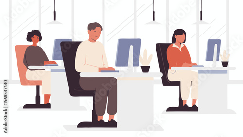 Illustration of three people working at their desks in a modern office with computers and plants near windows