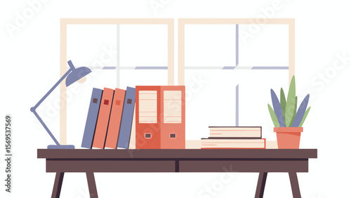 A desk with a lamp books binders and a plant in front of a window creating a cozy workspace scene
