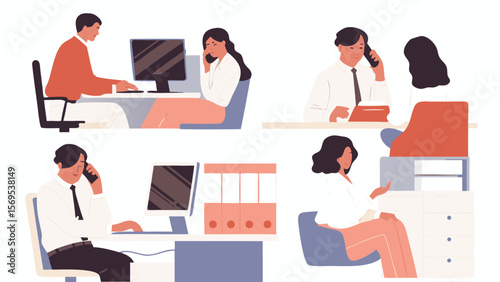 Illustration of office workers at desks on computers and phones in a business environment setting