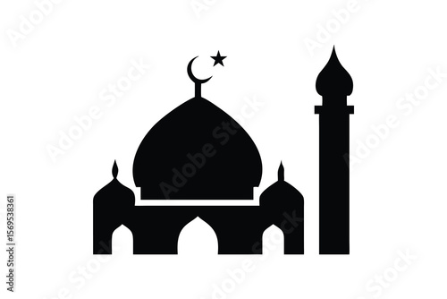 Simple black silhouette of a mosque with a dome and minaret against a white background representing islamic architecture and faith