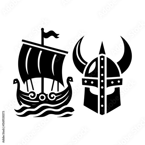 Stylized black viking ship and horned helmet icons on white background