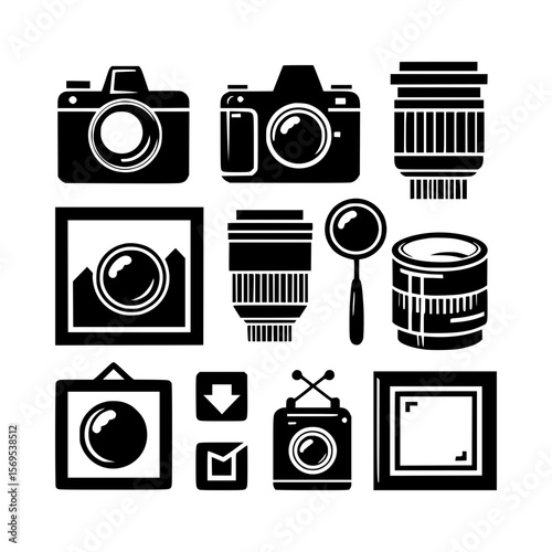 Collection of black and white photography icons including cameras lenses and framed photos