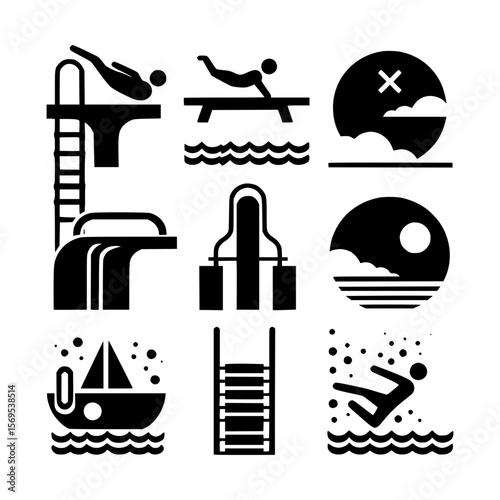 Collection of black and white icons representing water sports and activities
