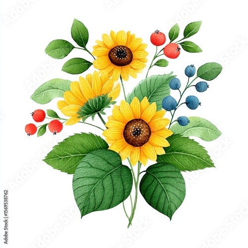 Botanical Watercolor Illustration of Yellow Sunflowers Green Leaves and Colorful Berries