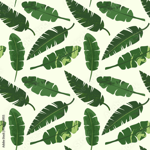 Green tropical foliage, light nature background, seamless abstract palm leaves pattern. Vector illustration for fabric, wallpaper, package, banners