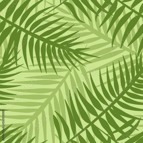 Green tropical foliage, light nature background, seamless abstract palm leaves pattern. Vector illustration for fabric, wallpaper, package, banners