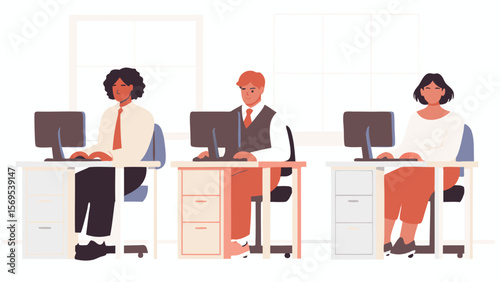 Three office workers sitting at desks with computers in a bright and modern office space setting