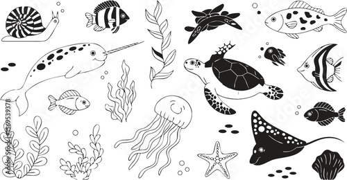 Line Art of Sea Animals Fish, Turtle, Jellyfish, Narwhal, Snail, Manta Ray, Shell, Starfish