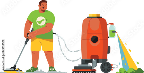 Man Using Floor Cleaning Machine with Water Spray, Green Shirt, and Yellow Shorts Cartoon