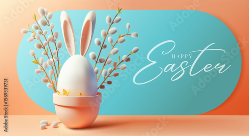 Happy Easter banner, greeting card, poster, cover. Festive Easter horizontal greetings, flyer, header website. Trendy Easter day design. Egg Hunt backdrop. Egg with Bunny Ears. Pussy willow twigs