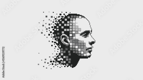 Pixelated Face Profile Abstract Digital Art Depicting Technology, AI, and Data Fragmentation on Gray Background