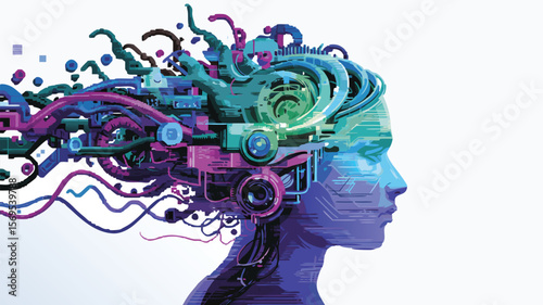 Pixelated Digital Profile of a Woman with Robotic and Technological Brain Enhancements