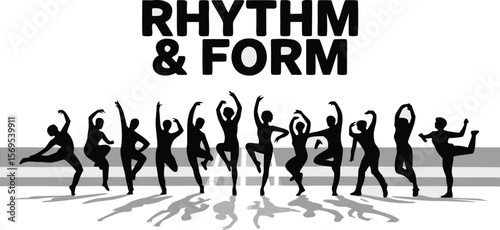 Rhythm Form Text Above Silhouetted Dancers Performing Choreographed Movements with Shadows Displayed Below