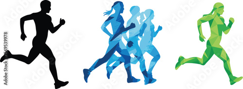 Running Silhouettes in Black, Blue, and Green Isolated on White Background, Illustration