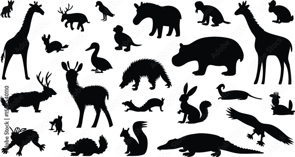 Fototapeta premium Silhouette Collection Giraffe, Deer, Hippo, Eagle, Alligator, and Diverse Wildlife Illustrations, Perfect for Graphics Projects