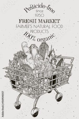 Vector illustration of a metal cart for a food store. Template for a grocery store with vegetables. Banner with farm products in engraving style. Healthy food